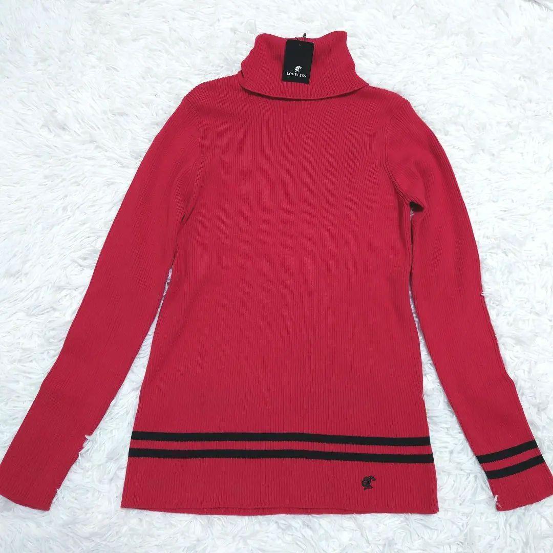 未使用タグ付き　カシミヤ混　ラブレス　タートルネックセーター　リブニット　赤　M
