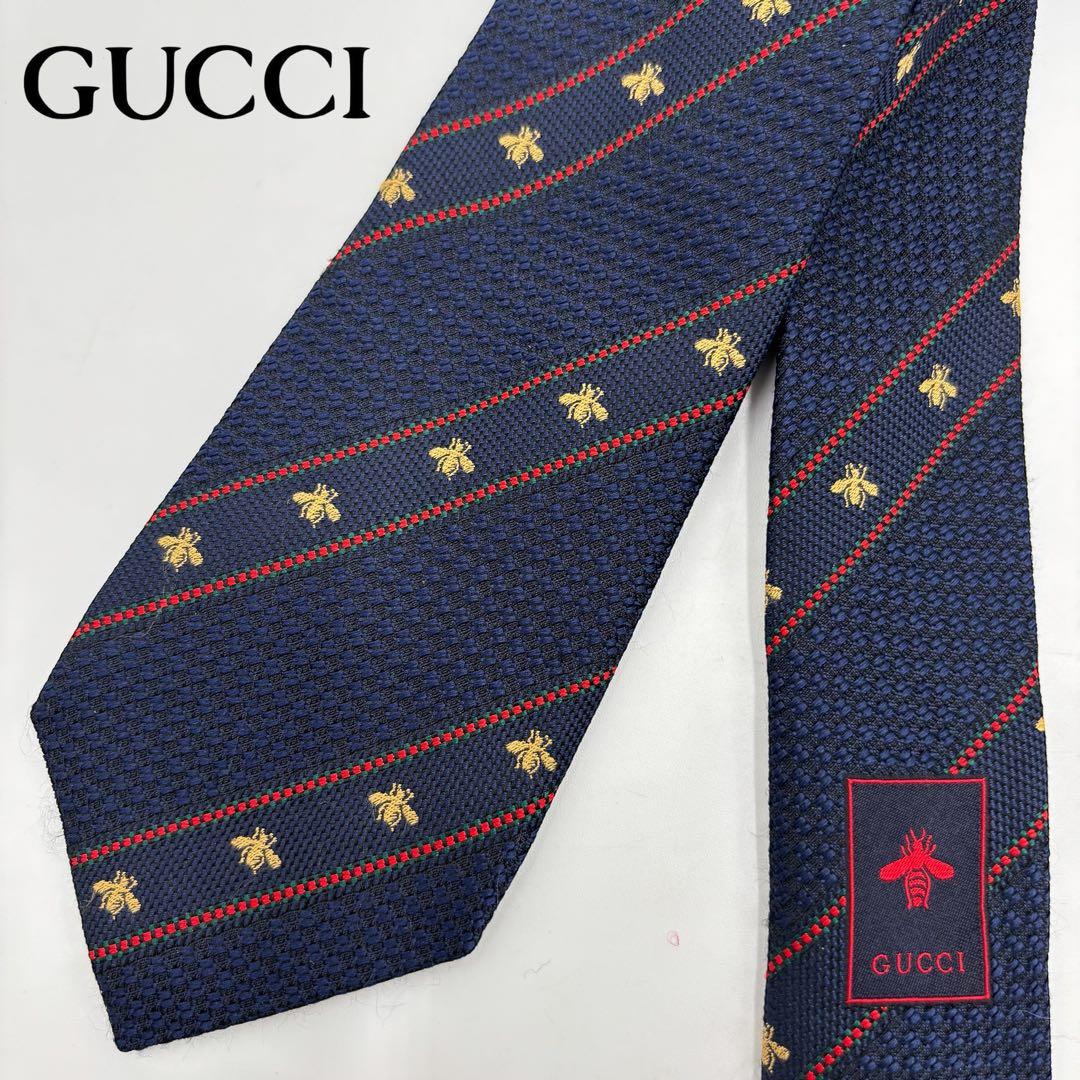 GUCCI グッチ ビー＆ウェブストライプ シルク ジャカードネクタイ ネイビー