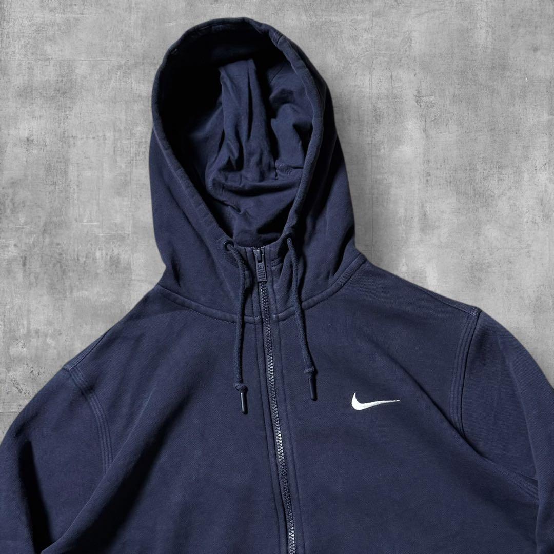 2461 古着NIKEナイキフルジップスウェットパーカー刺繍ロゴ短丈茄子紺Y2K