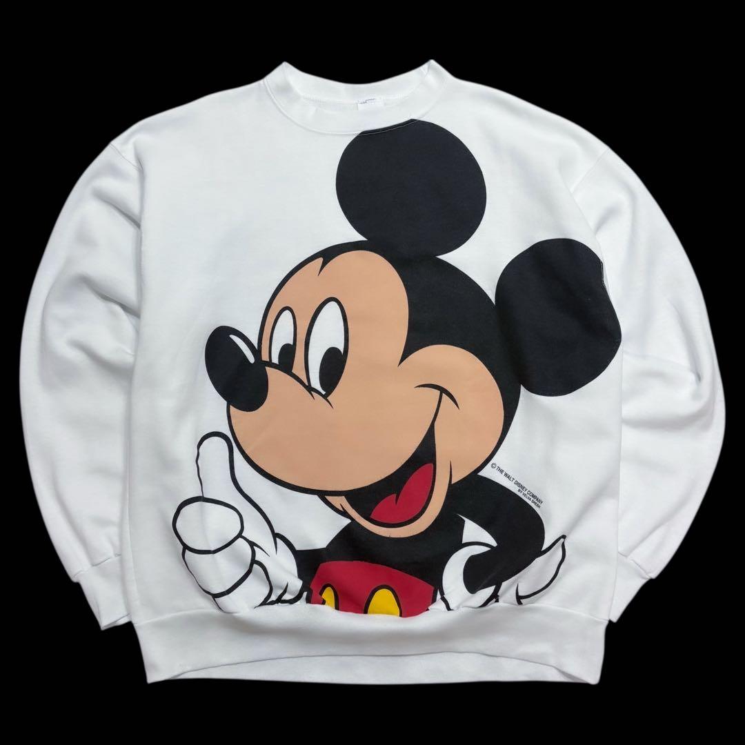 レア 90s Disney ミッキー ビッグプリントスウェット 白XL USA製