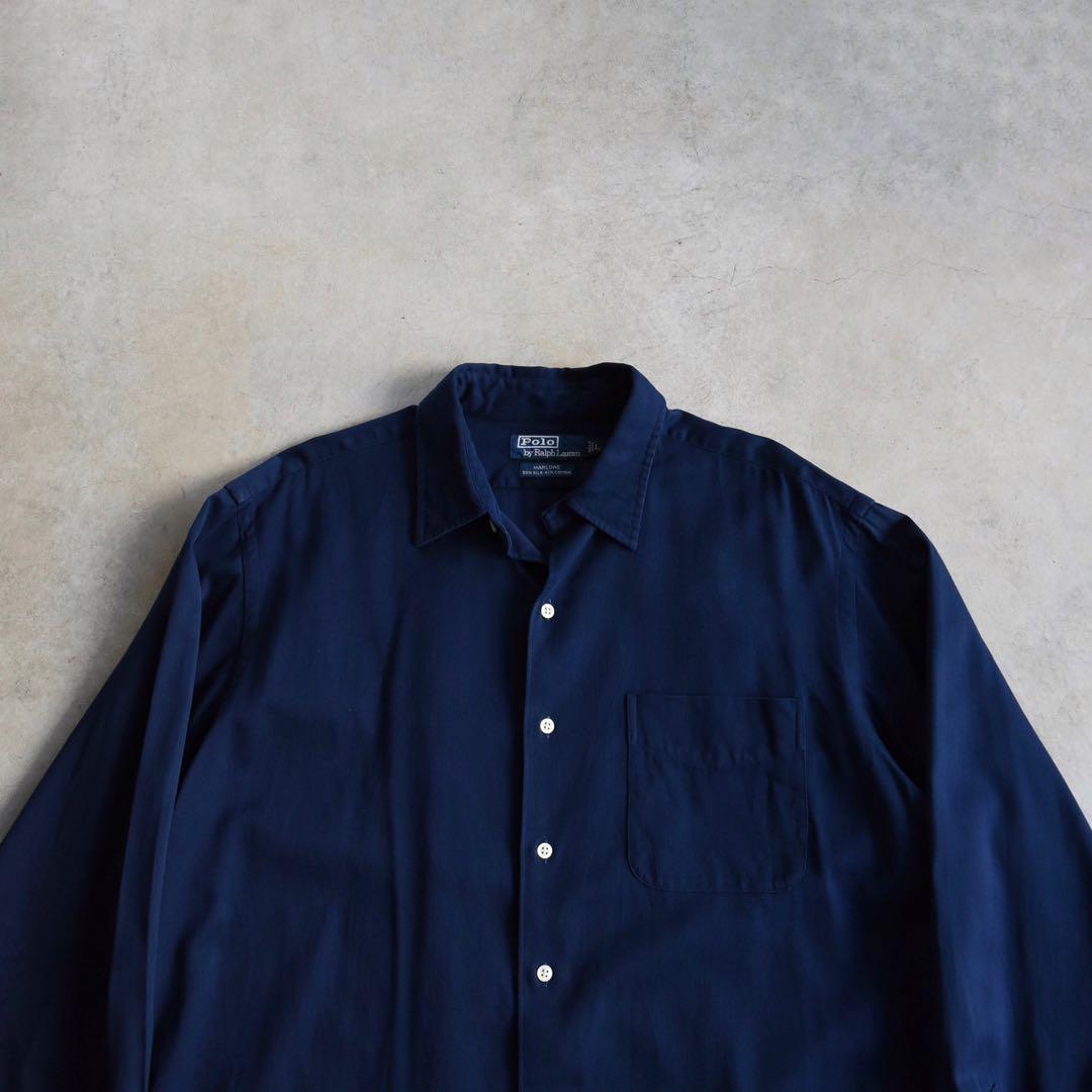 90s ラルフローレン MARLOWE 完全無地 長袖シャツシルク混 ネイビーL