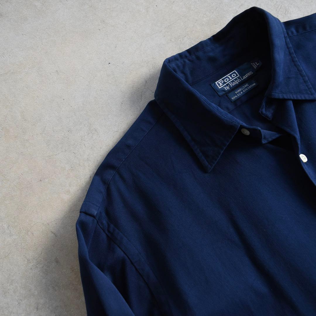 90s ラルフローレン MARLOWE 完全無地 長袖シャツシルク混 ネイビーL