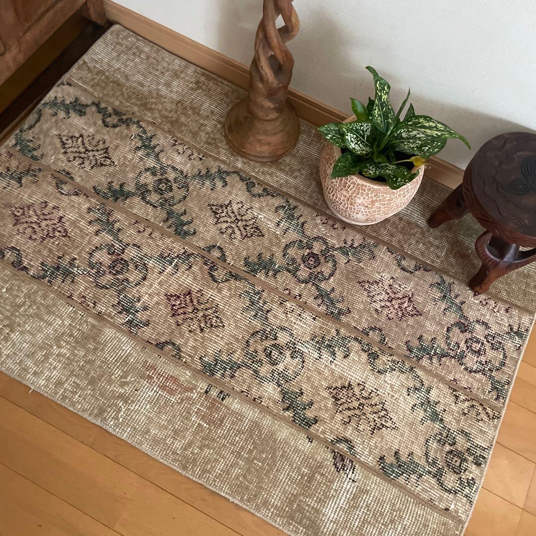 68.5×98 ベージュボタニカル　パッチワーク　トルコヴィンテージラグ