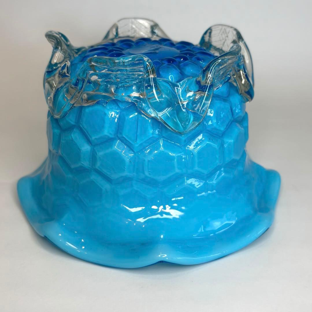 昔ガラス　アンティーク　花縁　フリル　亀甲紋様　ガラス　コンポート　ブルー