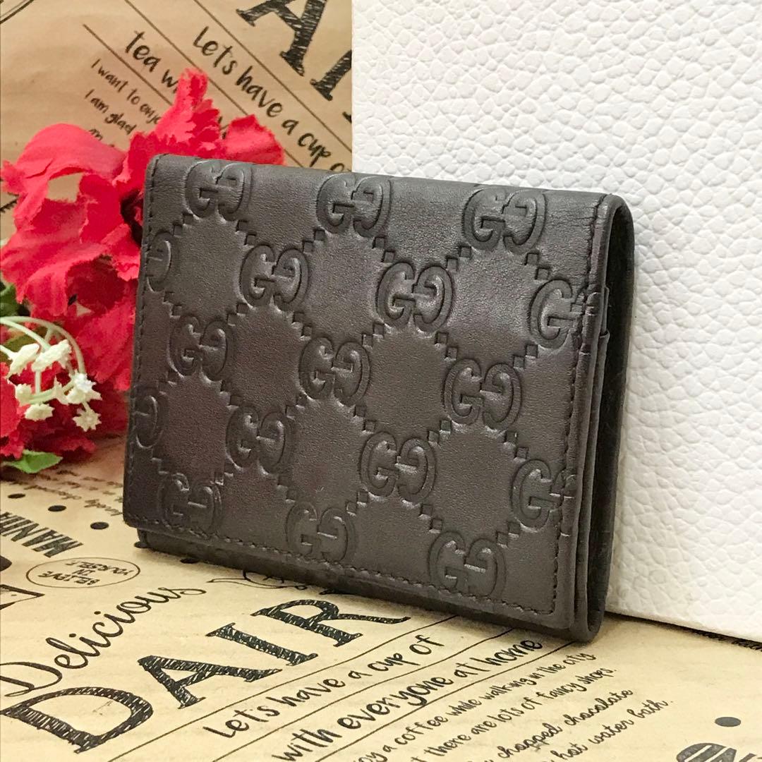 グッチ 名刺入れ 定期券 カードケース シマ GG レザー ブラウン FS46
