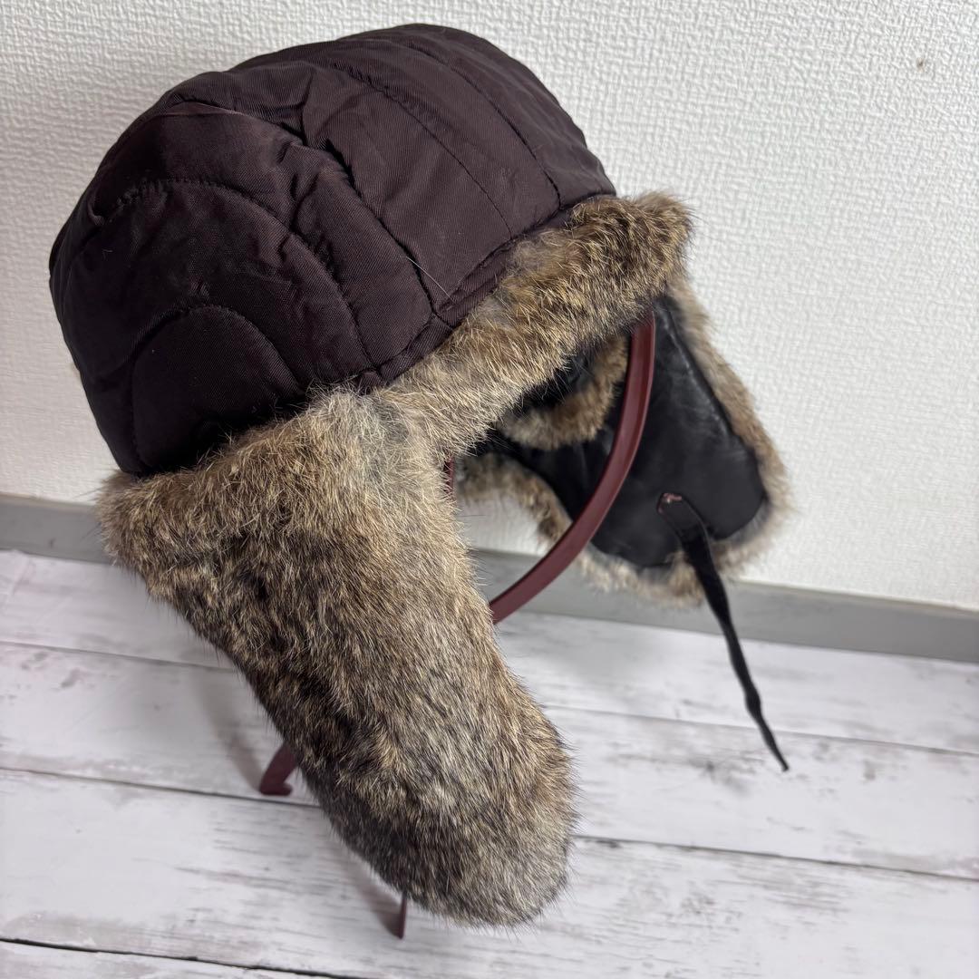 本革 フライトキャップ 60 ブラウン ゴートスキン ラビットファー 耳当て付き