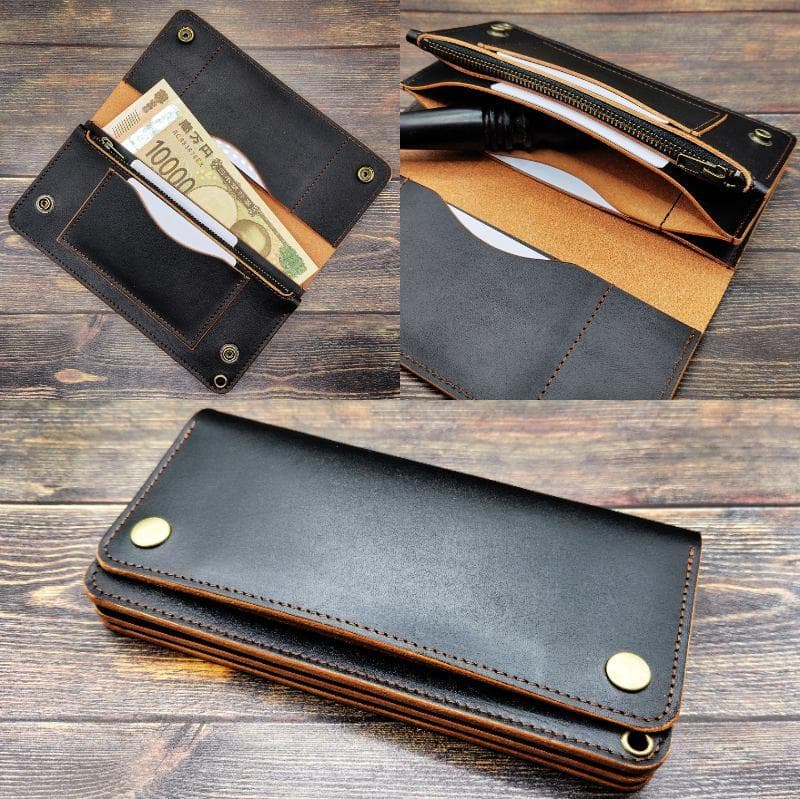 ロングトラッカーウォレット 栃木レザー ハンドメイド 本革 茶芯ブラック