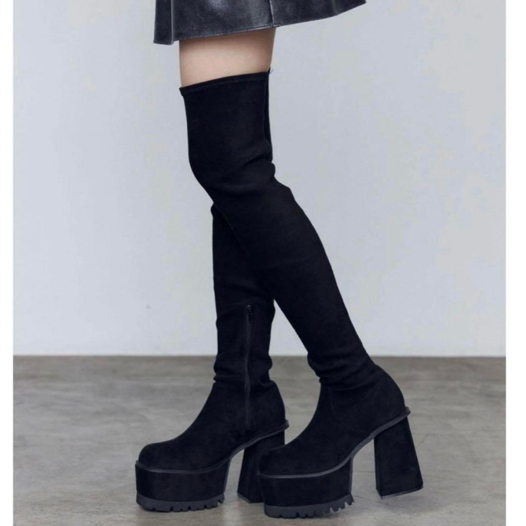 EMODA スクエアフィットロングブーツ　　M ニーハイブーツ　黒　厚底