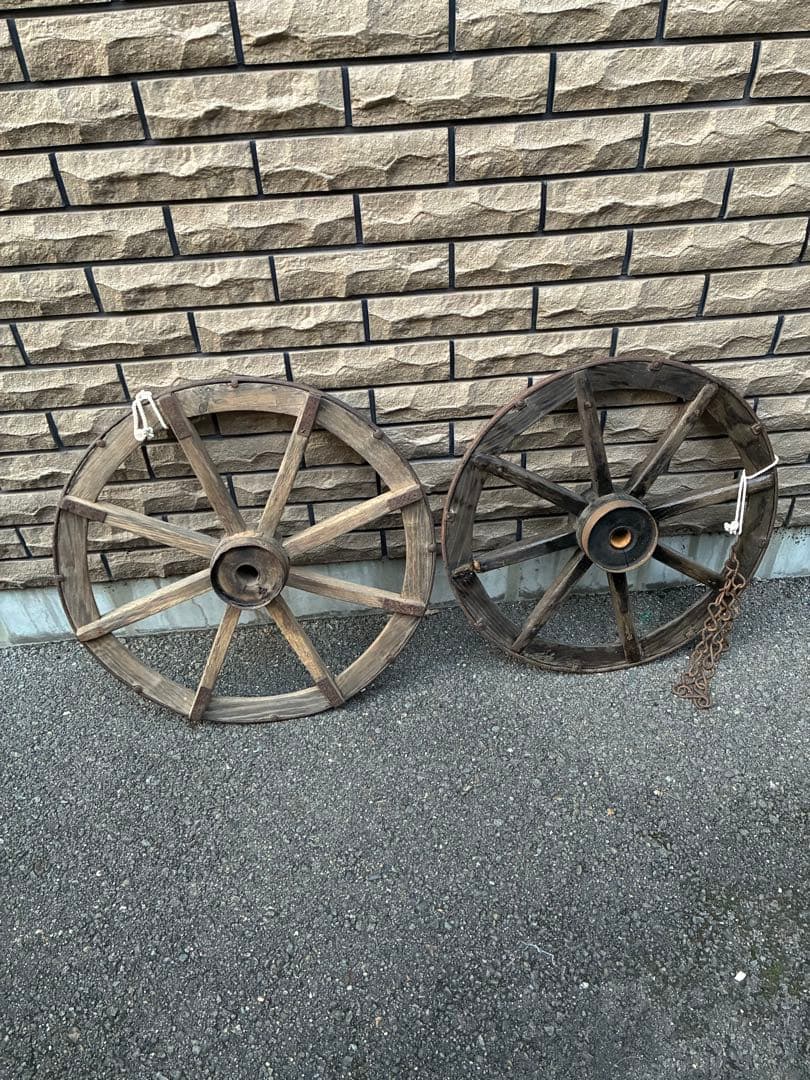 大八車　台車　車輪　ホイール　ガーデニング　アンティーク　※2個　古鉄　鎖おまけ