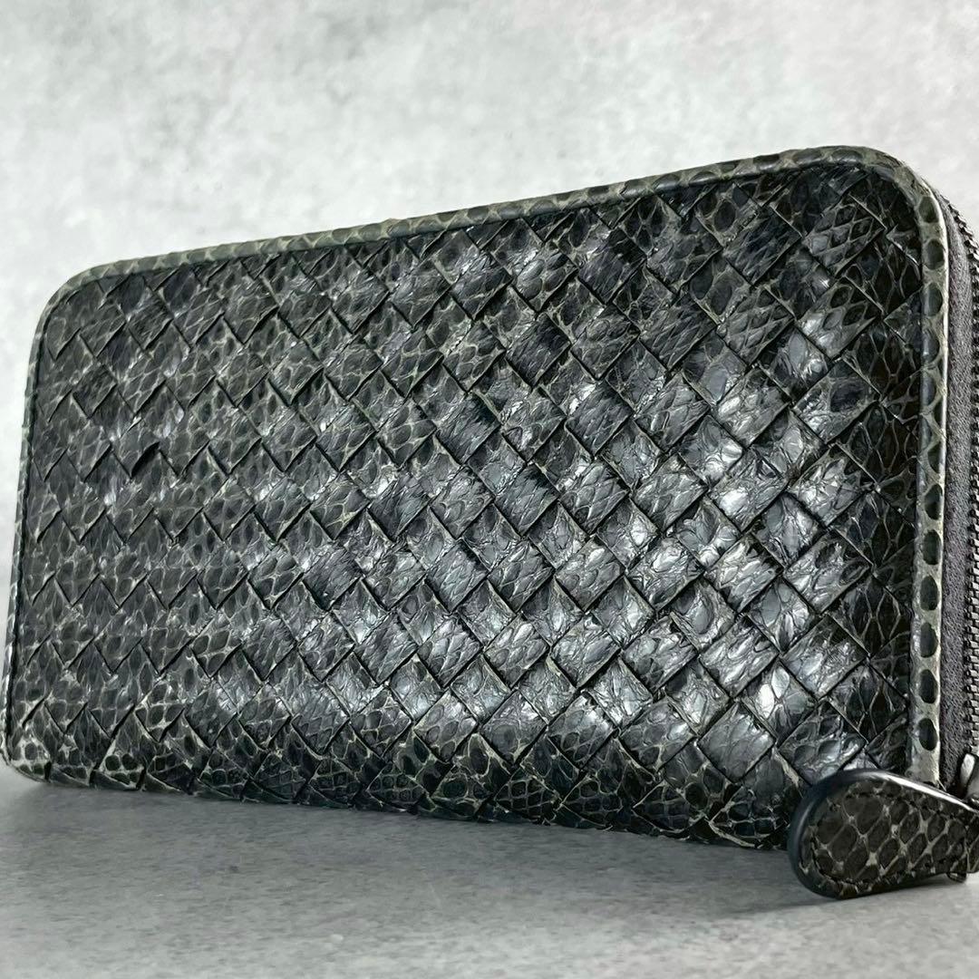 【美品】ボッテガヴェネタ 長財布 パイソン イントレチャート レザー グレー系