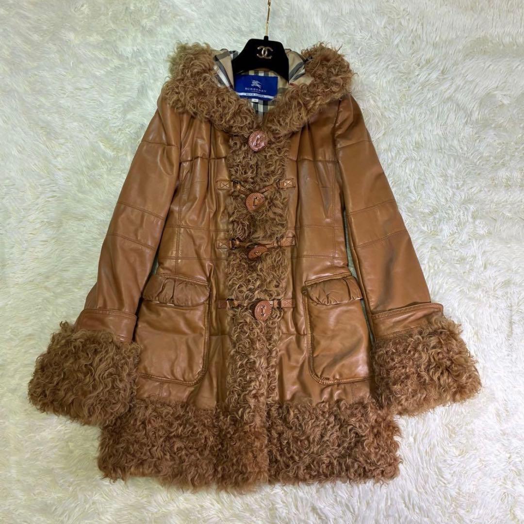 バーバリーブルーレーベル ダッフルコート　羊革　ラム　ノバチェック 中綿　38