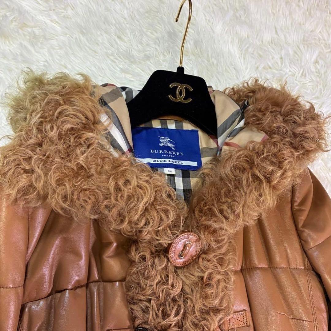 バーバリーブルーレーベル ダッフルコート　羊革　ラム　ノバチェック 中綿　38