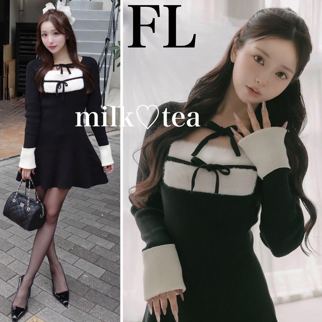 新品タグ付 ダーリッチ リボンファーフレアニットミニワンピース ブラック FL