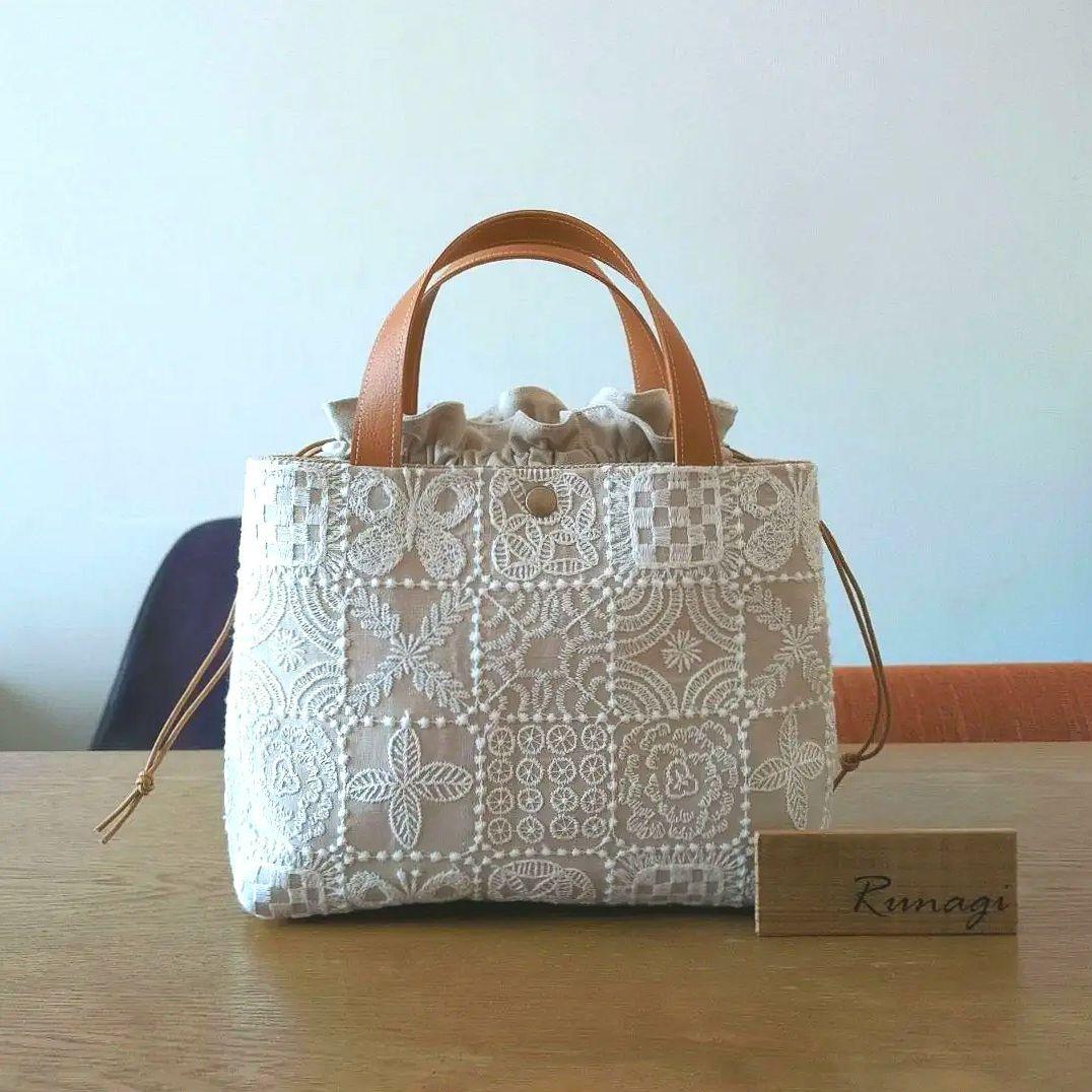 あおりポケットの巾着バッグ＊ミナペルホネン foresttile