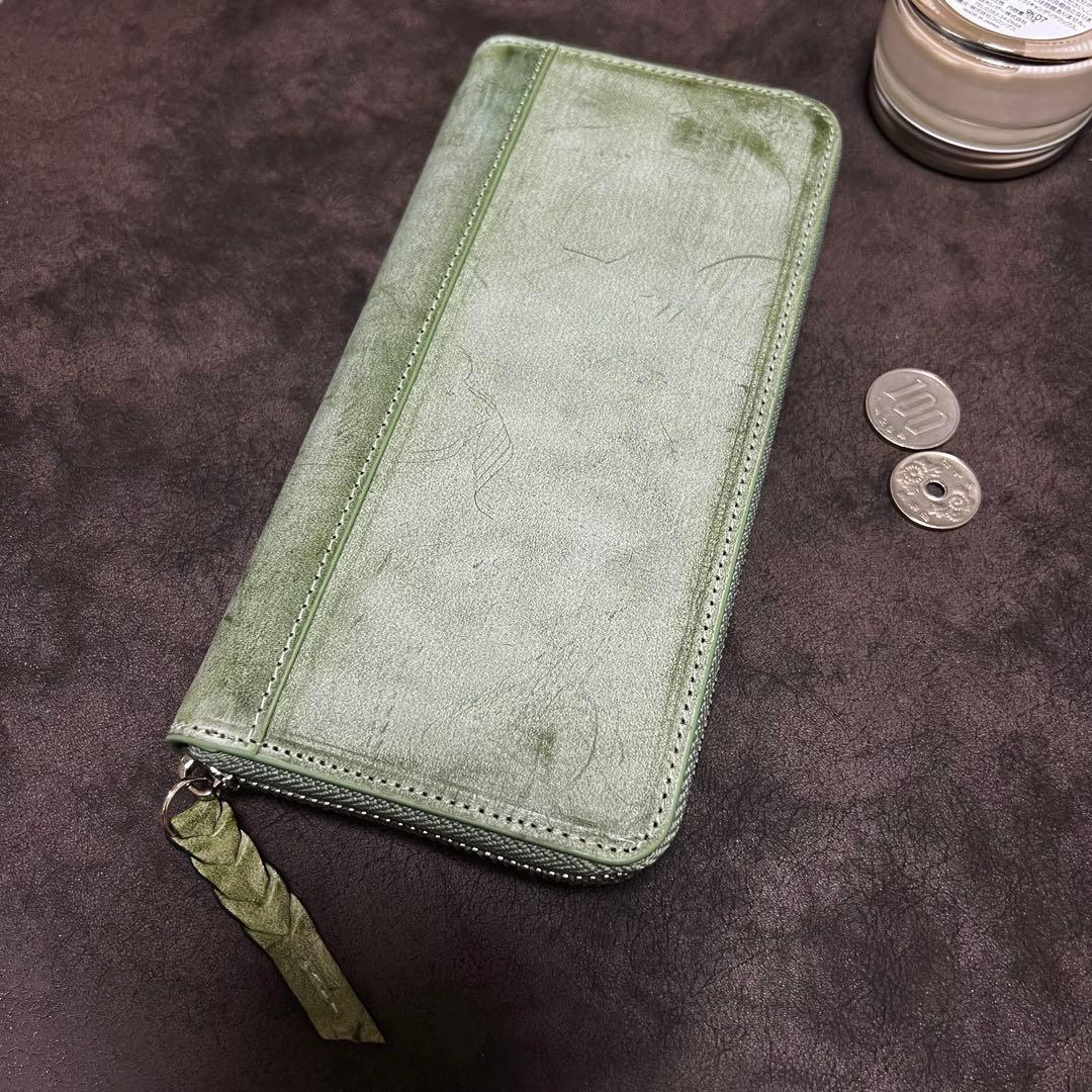 新作品 グリーン系　緑　ハンドメイド ブライドレザー ヌメ革本革 メンズ&長財布