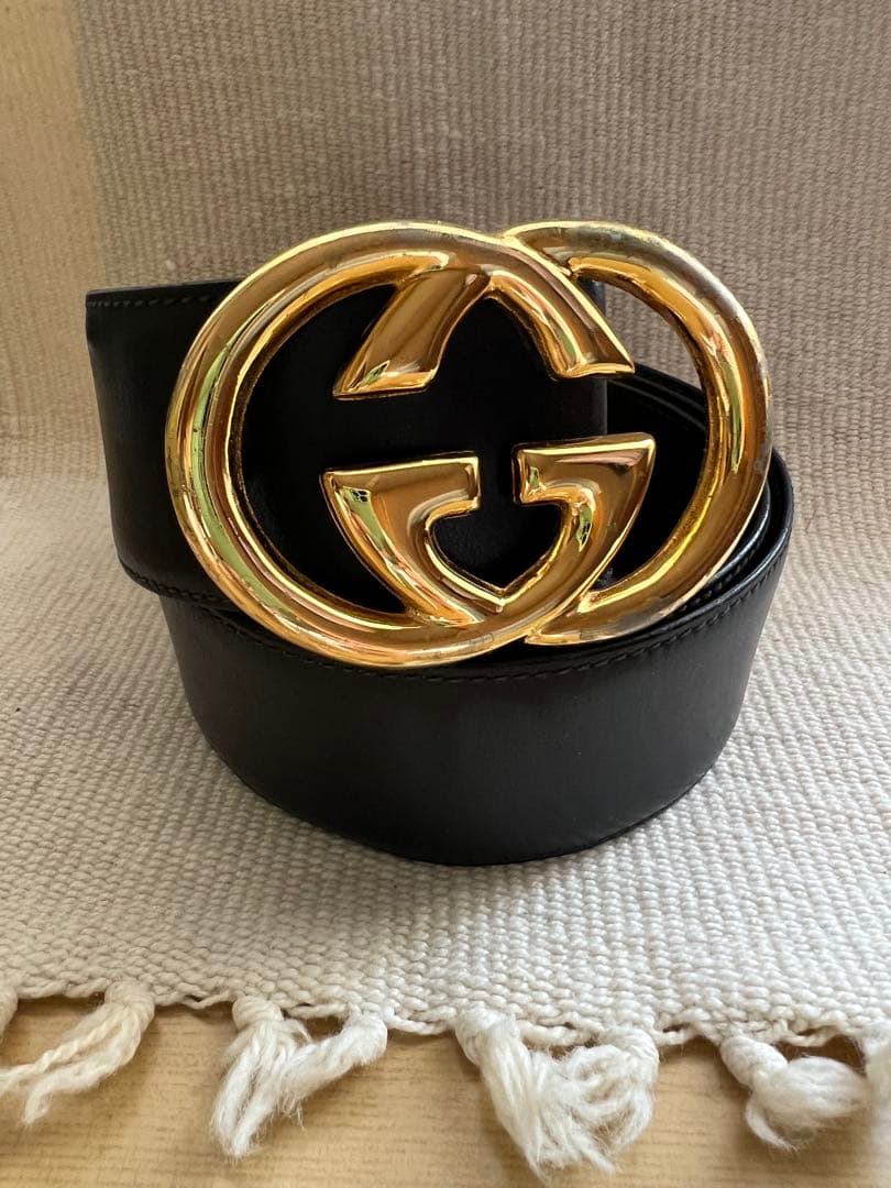 GUCCI ダブルGバックル ブラックレザー ベルト　ビンテージ