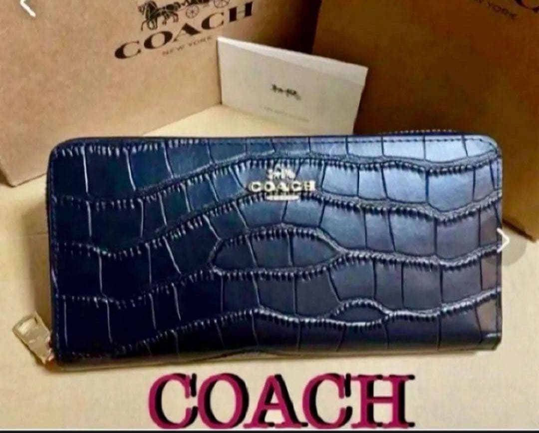 新品未使用コーチCOACHクロコ型押しレザー長財布ブラックラウンドファスナー