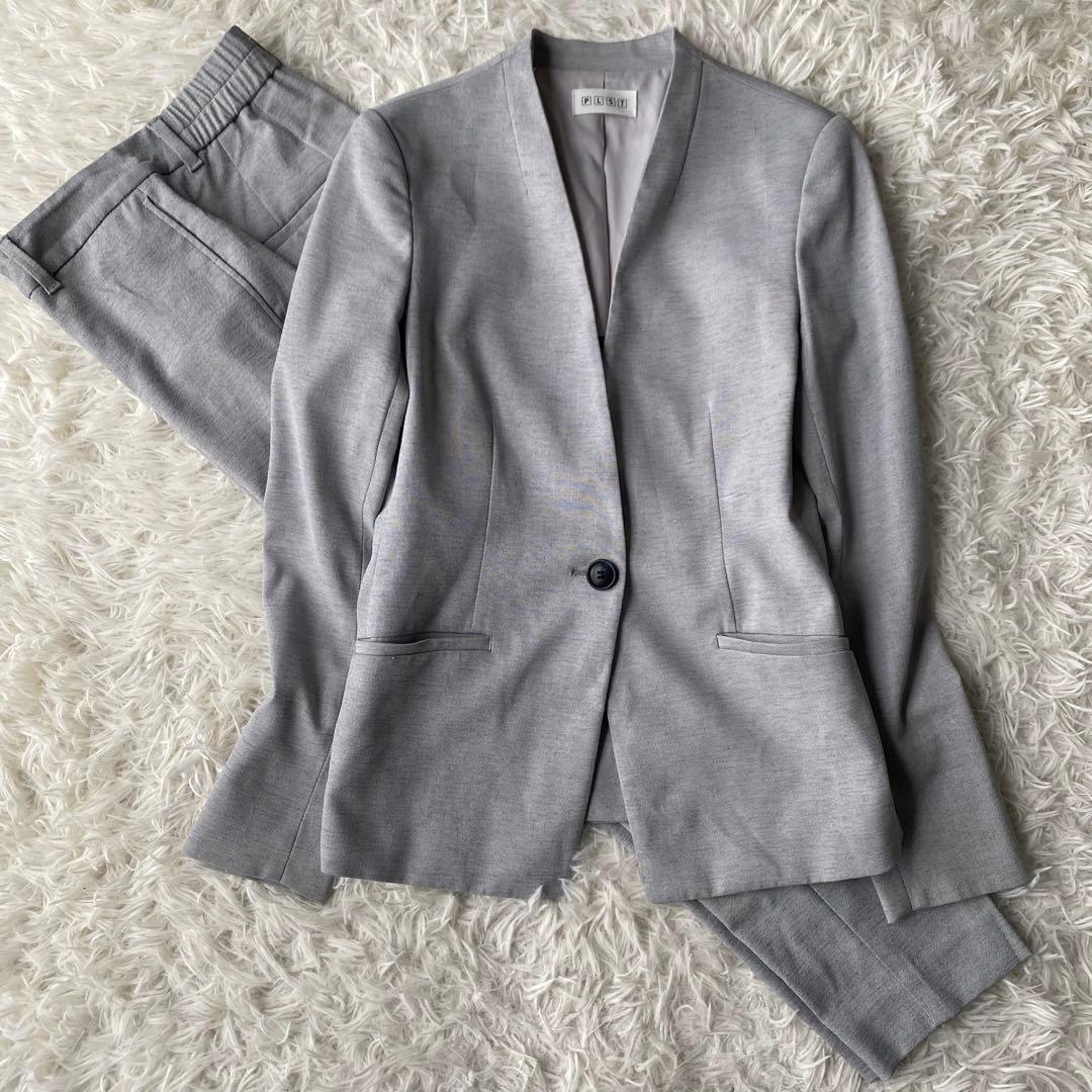 PLST リネン混 ノーカラーパンツスーツ ジャケット スラックス セット S