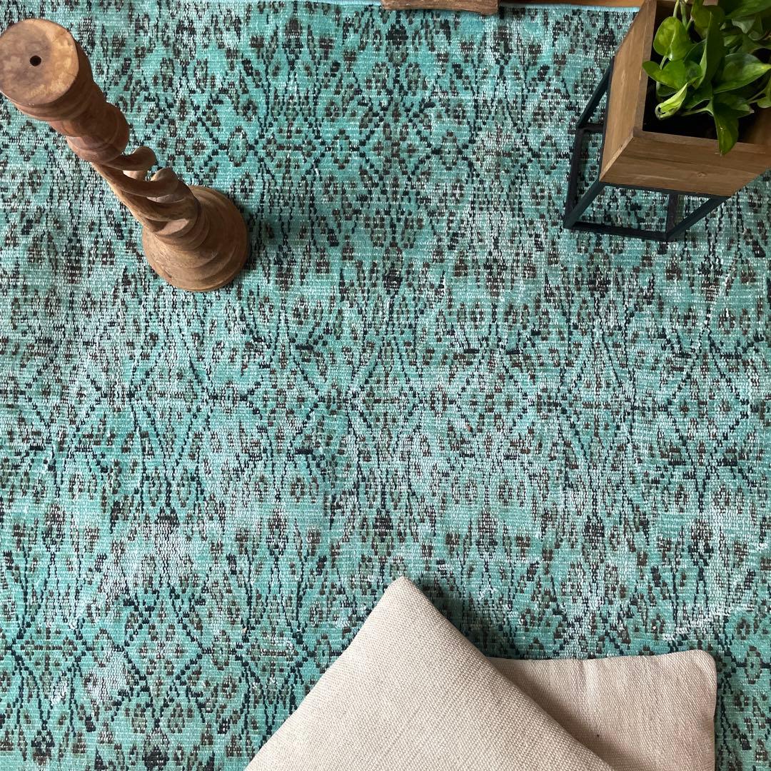 110×150 ボタニカル　ターコイズオーバーダイ　トルコヴィンテージラグ