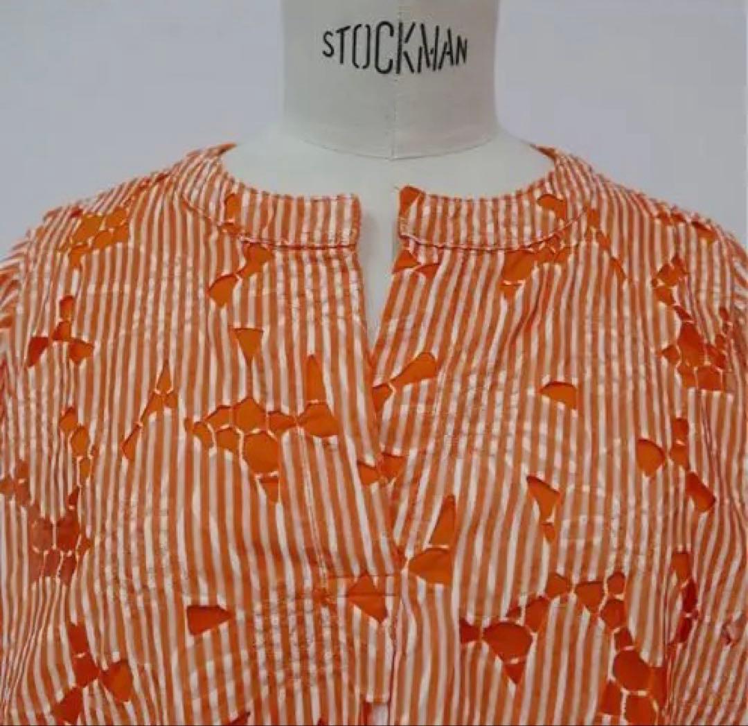 LINKABLE リンカブル　ストライプレースブラウス（オレンジ）