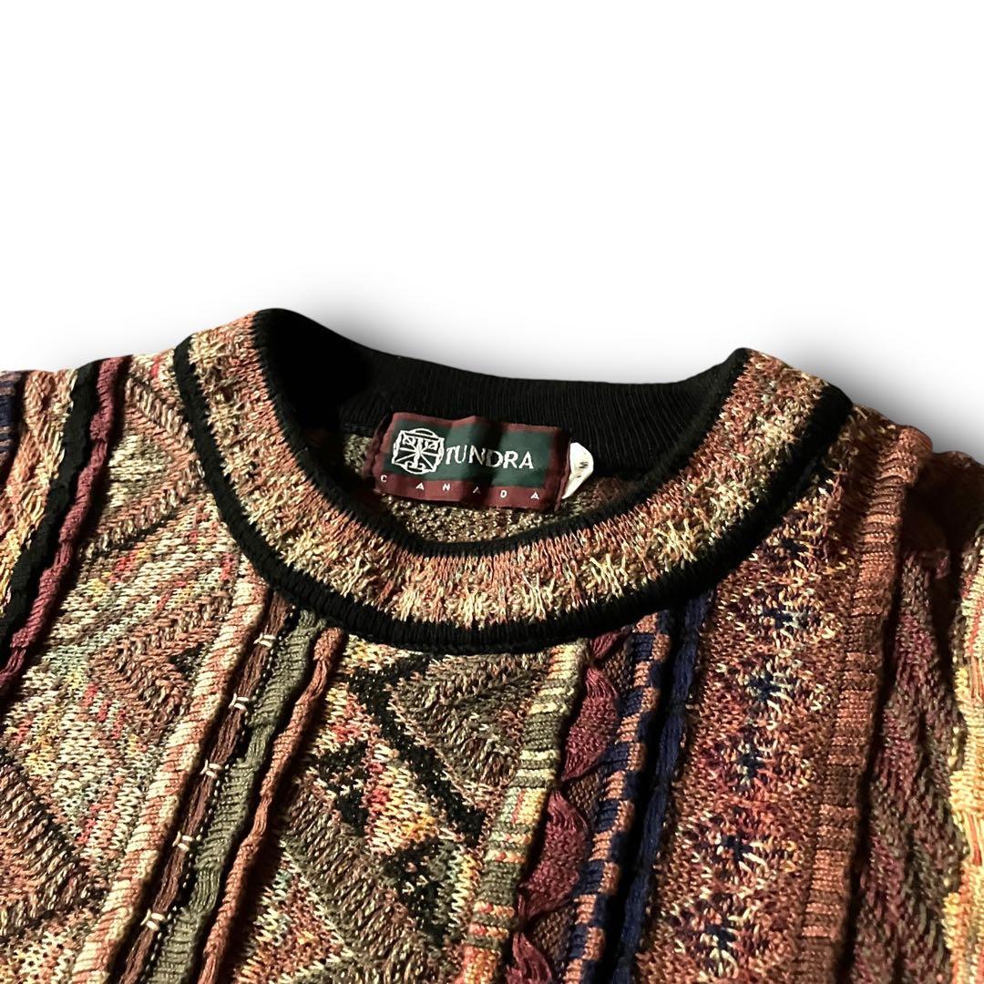 90s TUNDRAツンドラ幾何学模様3Dニット希少クージー調CBOYブラウンM