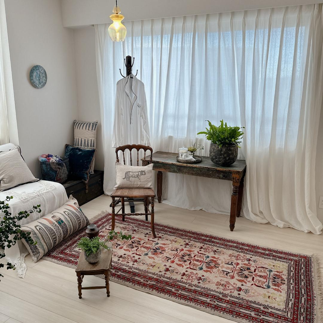 トルコ製ヴィンテージラグ771高級 レア アイボリー レッド イエロー グリーン