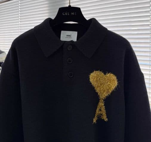 Ami Paris 黒 ポロシャツ 長袖 金色刺繍 セーター M