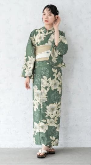 画像の 帯付き◆◆ノー皺加工最高級クールパス◆モダン翡翠緑の花古典夏浴衣◆洗える