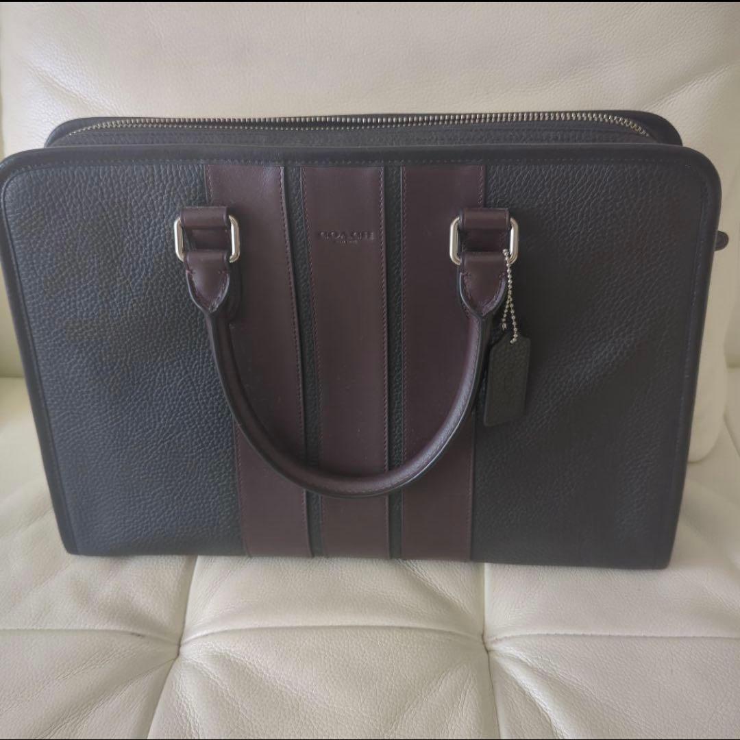 COACH ビジネスバッグ　オールレザー　黒　ブラウン　シボ加工
