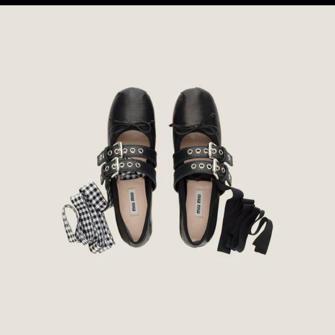 miumiu レザー バレリーナ ベルト バレエシューズ ブラック