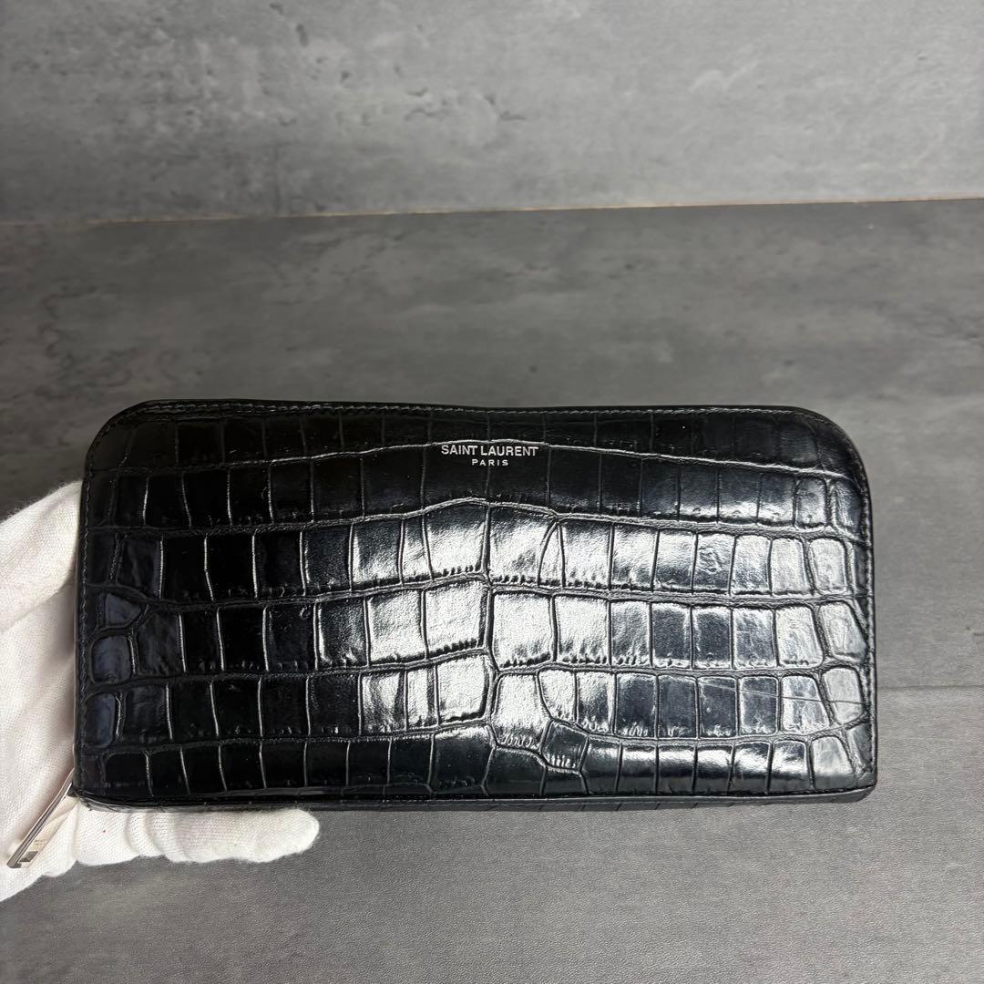 【希少】サンローラン ラウンドファスナー 長財布 クロコダイル型押し メンズ