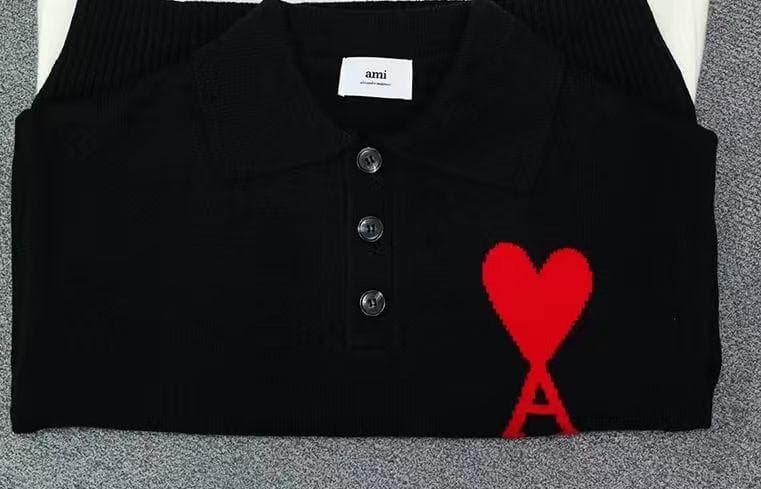 ♡AMI PARIS♡ ブラック ニットポロシャツ ハート刺繍 男女兼用