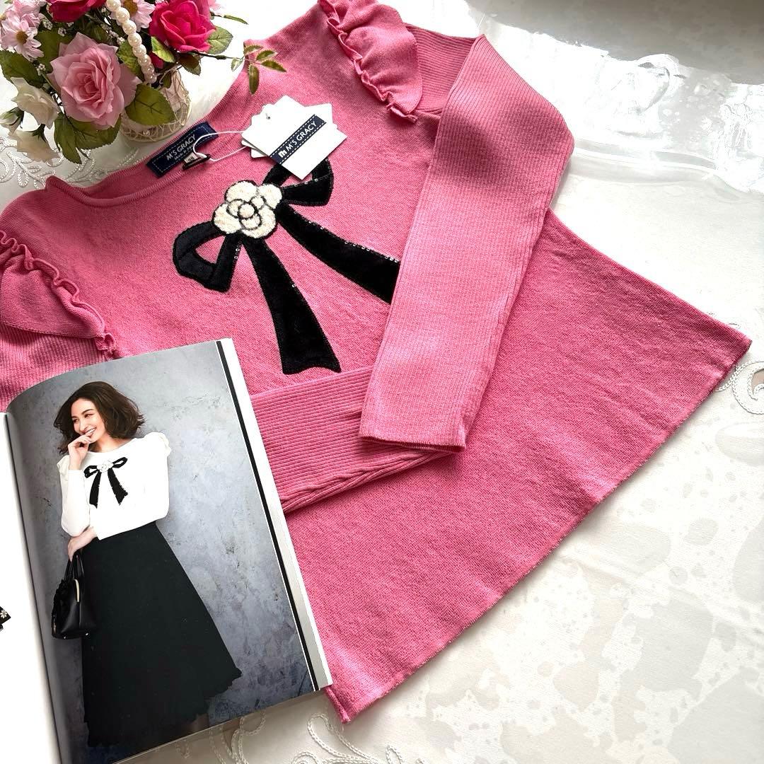 エムズグレイシー　カタログ掲載お色違い　スパンコール刺繍カメリアリボンニット38