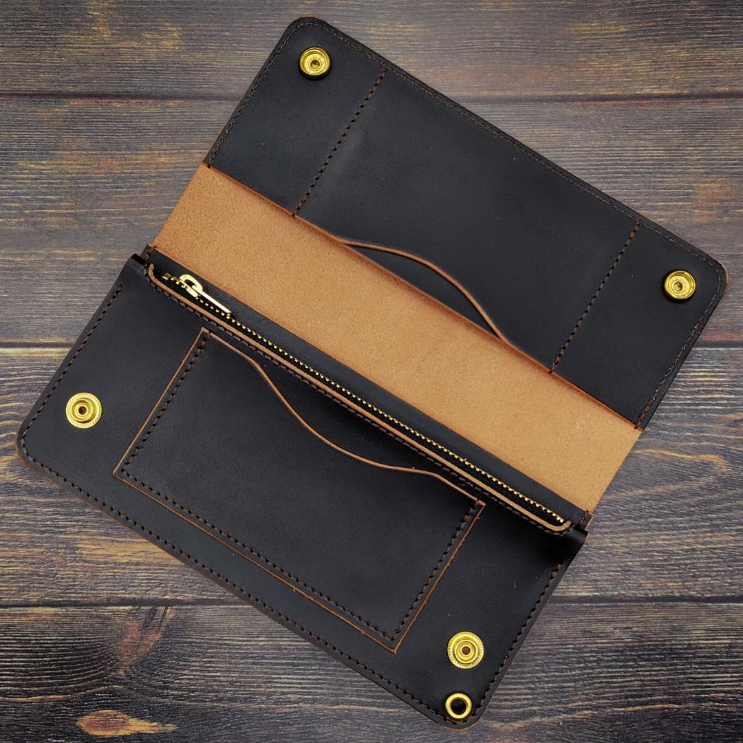 ロングトラッカーウォレット 栃木レザー ハンドメイド 本革 茶芯ブラック
