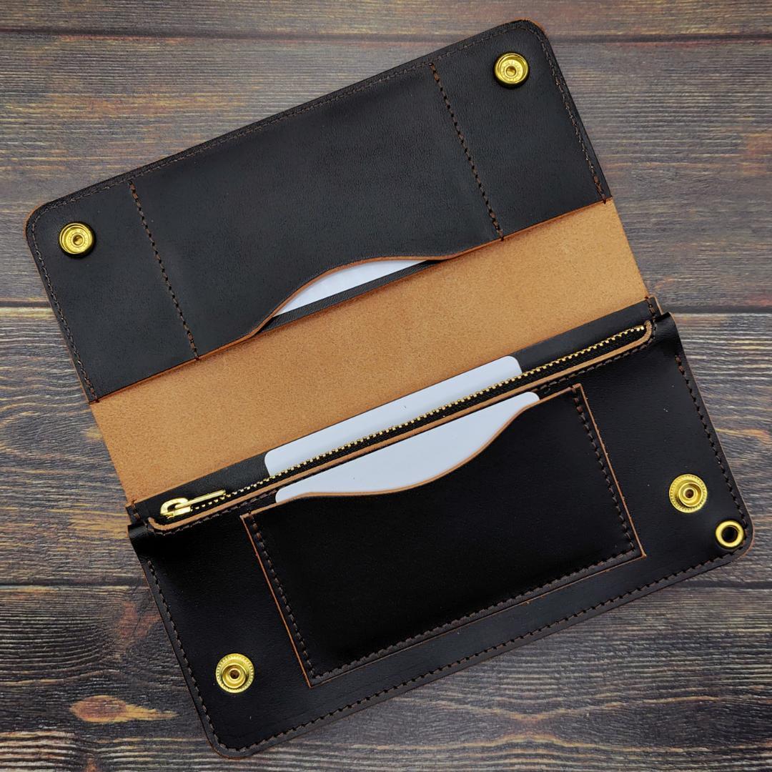 ロングトラッカーウォレット 栃木レザー ハンドメイド 本革 茶芯ブラック