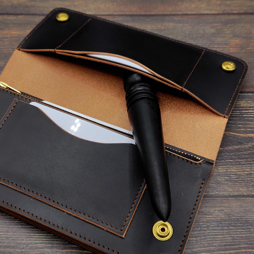 ロングトラッカーウォレット 栃木レザー ハンドメイド 本革 茶芯ブラック