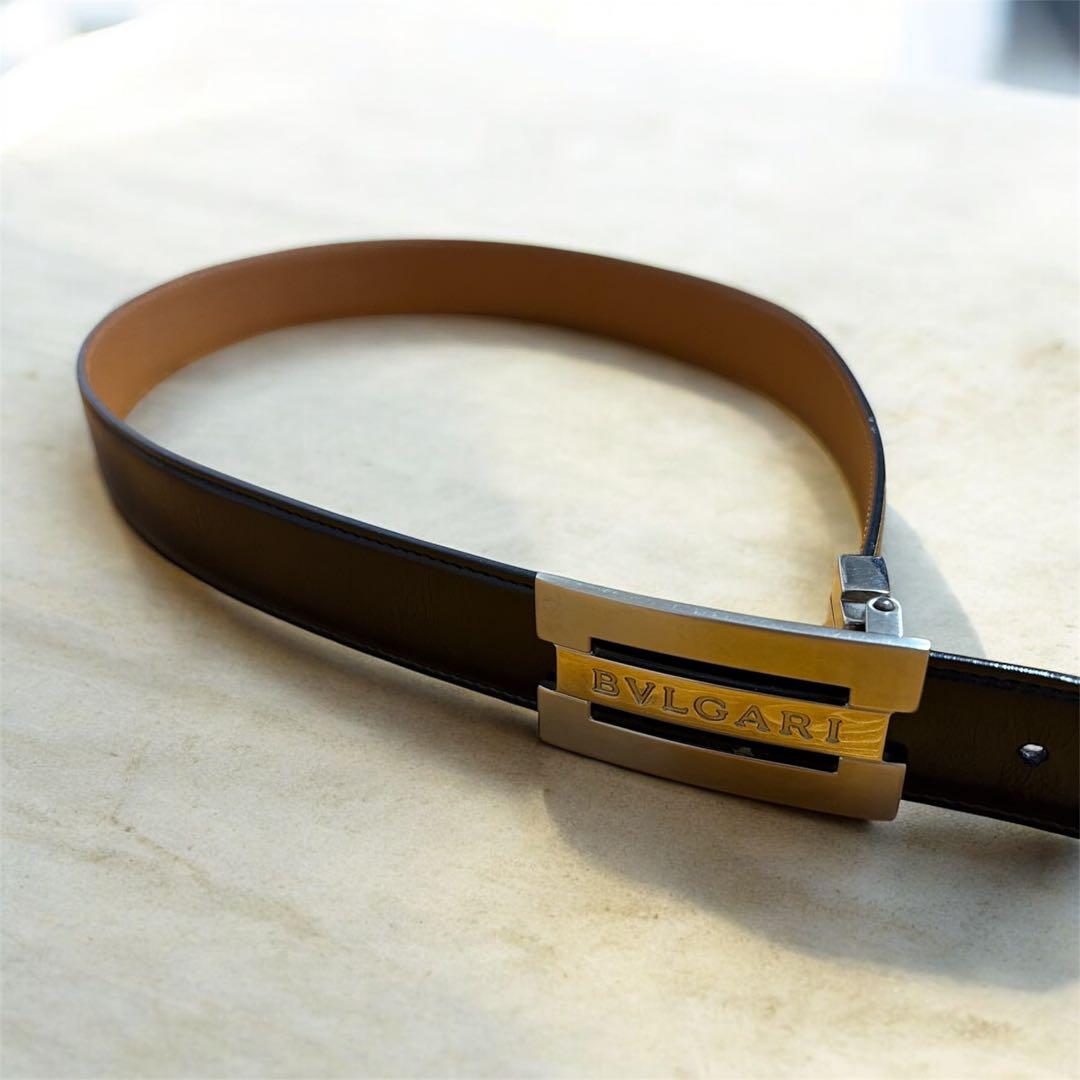 【ハイブランド】ブルガリ ベルト リバーシブル 黒 茶ロゴ金具 BVLGARI