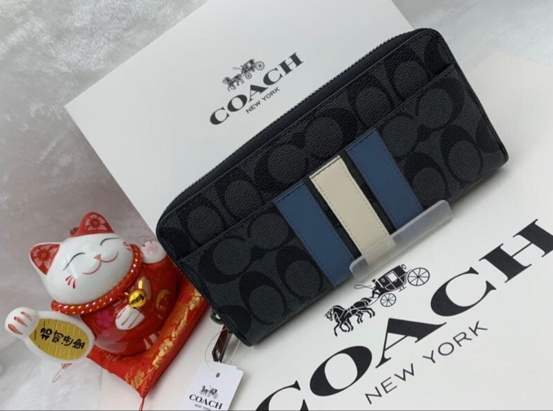 コーチ 長財布 シグネチャー 黒 青白ライン本日のみ　10,500円