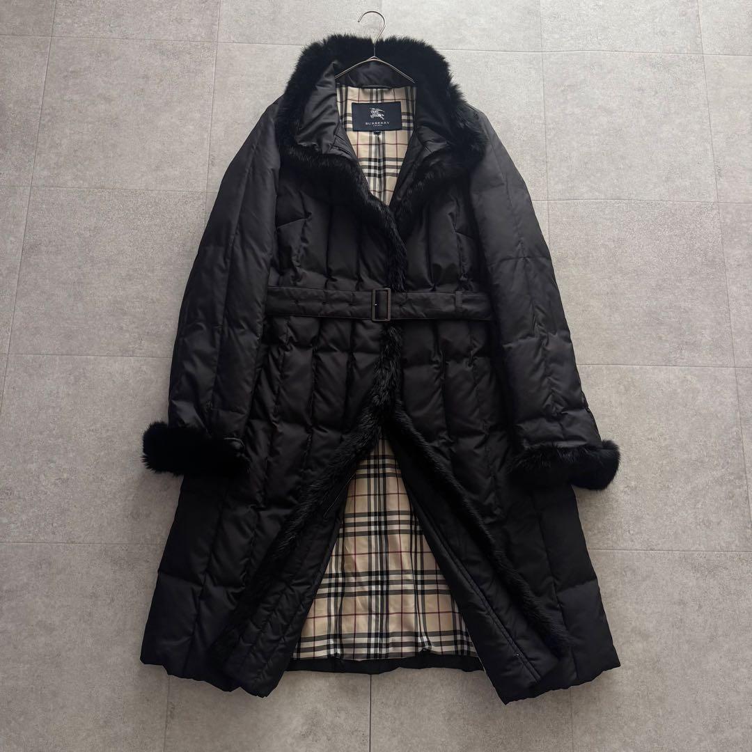 バーバリーロンドン　ダウン　ロング　大きいサイズ　44　ノバチェック　黒　ファー
