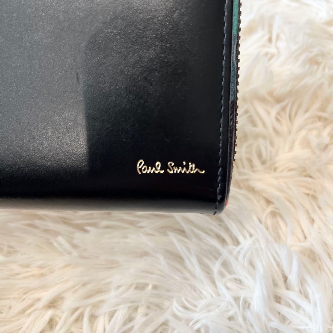 【美品】ポールスミス ラウンドジップ マルチストライプ レザー ブラック 本革