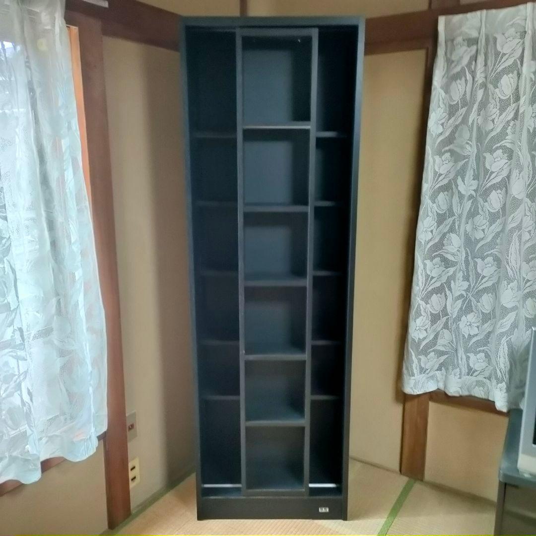 【昭和レトロ】黒の木製本棚 6段 スライド式 前後二列 ブラック木製本棚