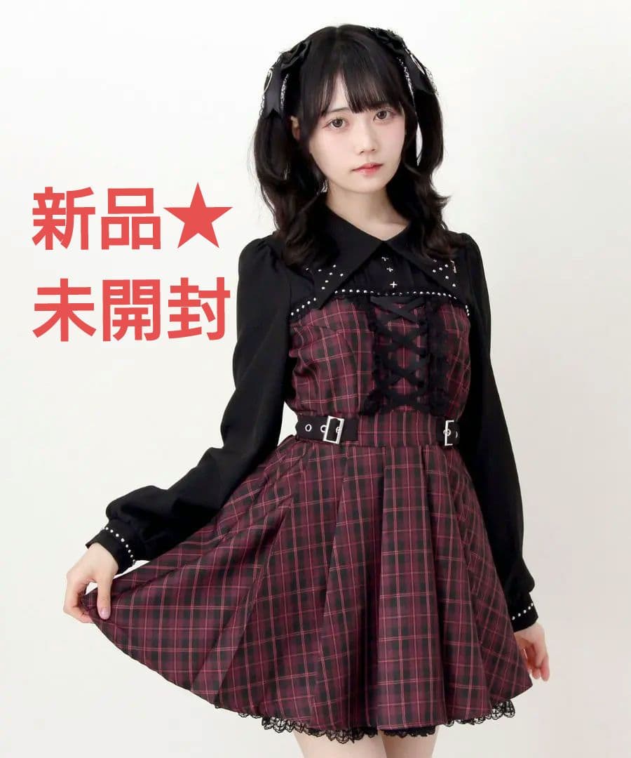 新作★ ディアマイラブ 十字架スタッズジャンスカ風レースアッププリーツワンピース