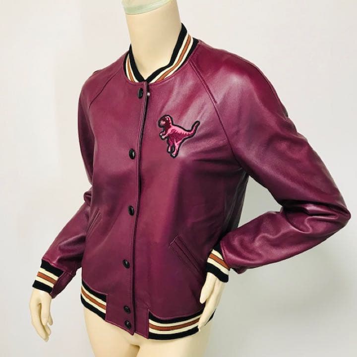 美品★COACH・ニットリブ切替 恐竜ワッペン付 レザージャケット(2)