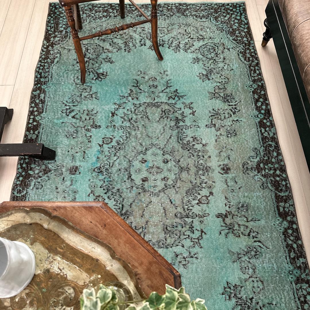 トルコ ヴィンテージラグ A105 定番柄 ターコイズブルー オーバーダイ