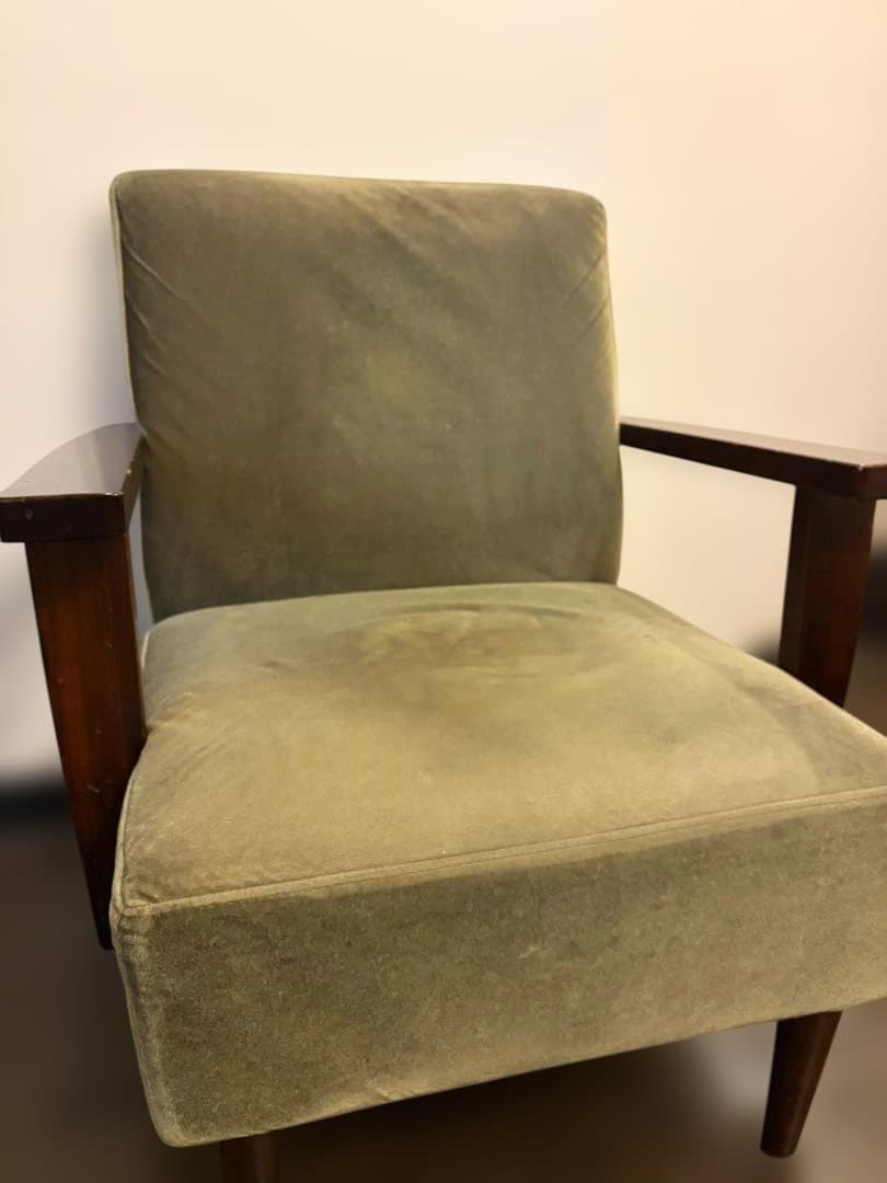 国産レトロ　喫茶店チェア 1シーターソファ ベロア×木製アームチェア　グリーン
