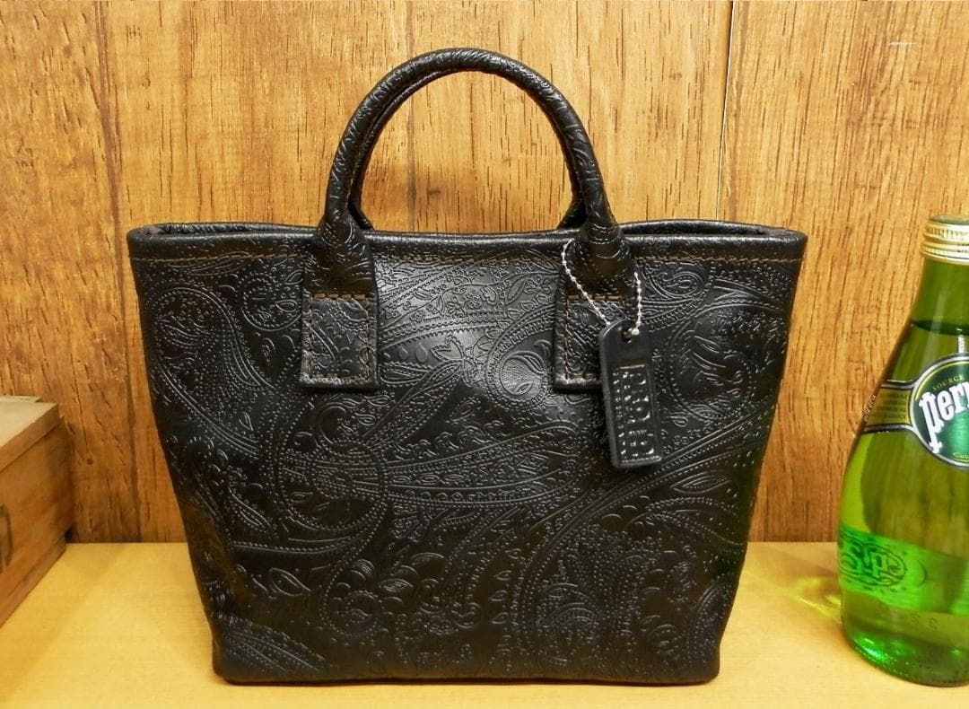 ☆XSサイズ☆ちょい悪ブラックペイズリーのミニトートバッグ!日本製　姫路レザー黒