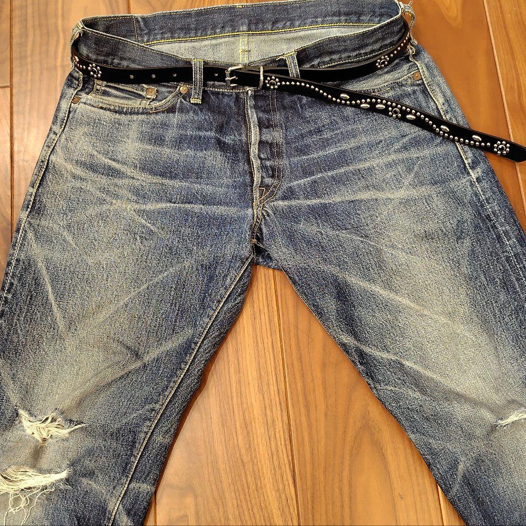 クロス赤青■本革レザーフルスタッズナローベルト☆ヴィンテージアメカジ古着キムタク