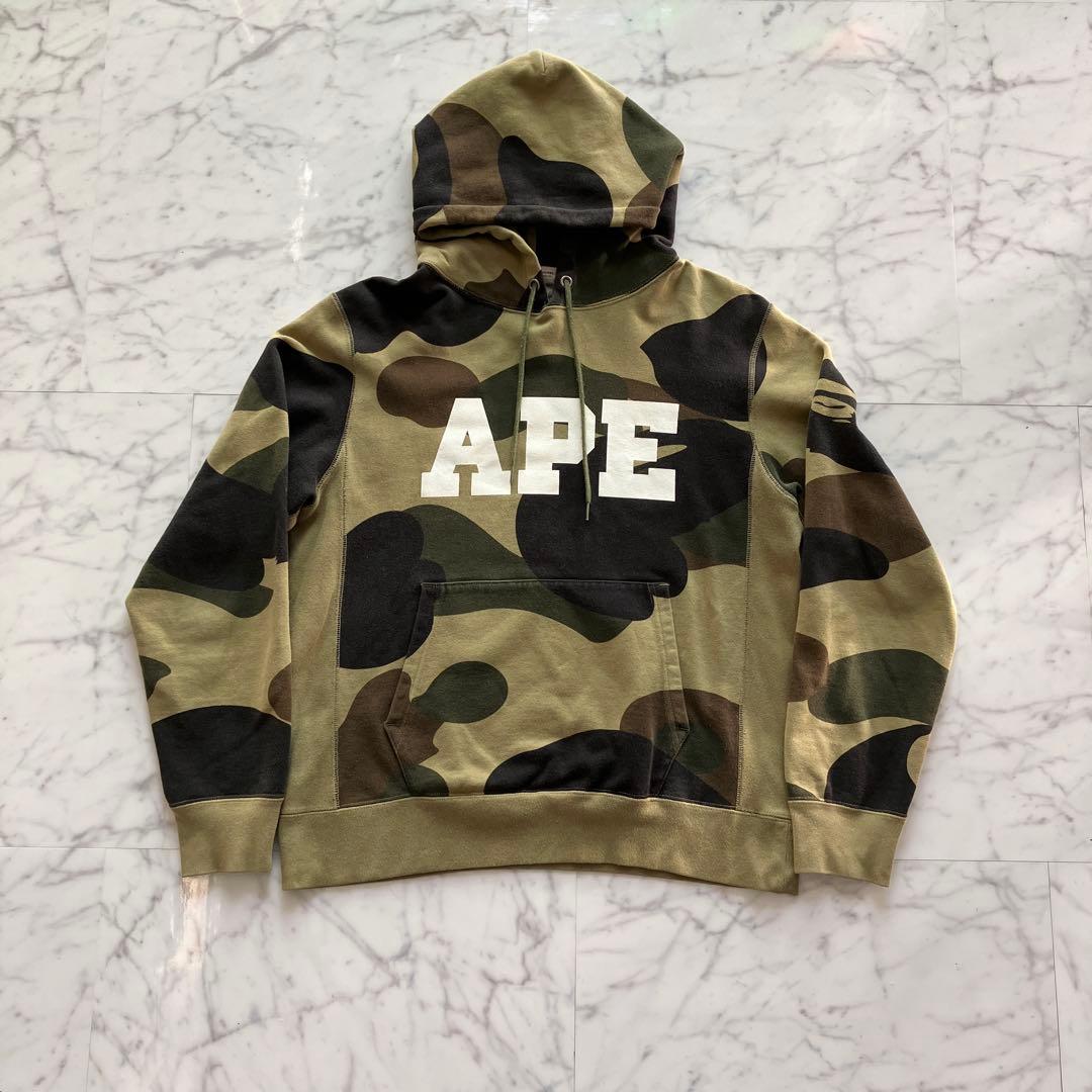 【美品】A BATHING APE 迷彩カモ パーカー L 日本製 APEロゴ