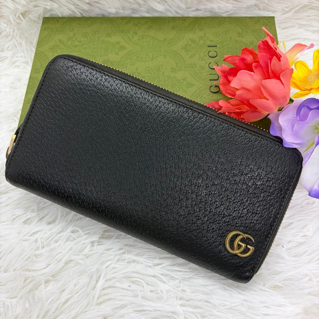 美品✨グッチ　長財布　ラウンドファスナー　GGマーモント　シボ革　ブラック