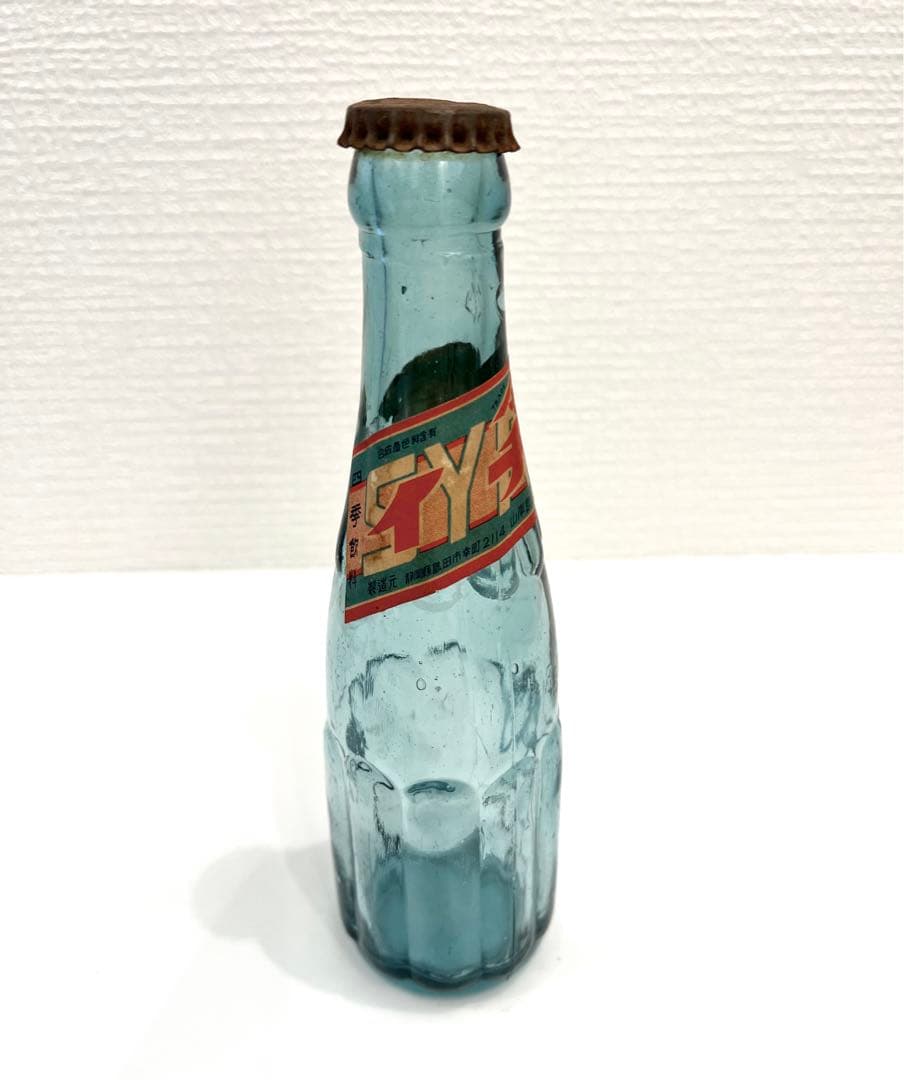 アンティーク　イチゴ水瓶　型吹きガラス　昭和初期　蓋・ラベル有り　希少